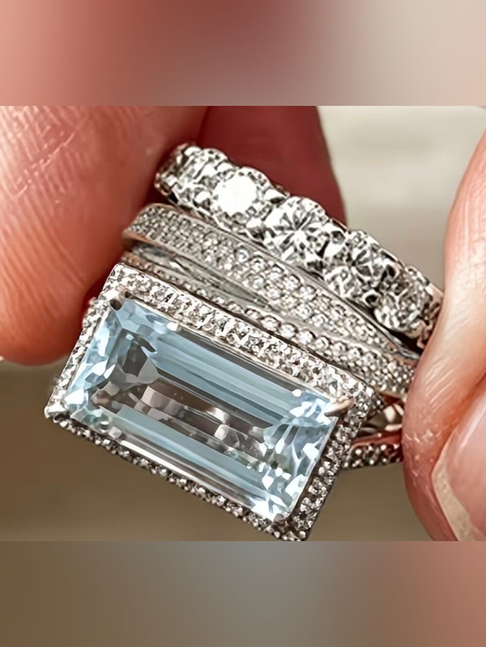 🩵🩶BACK IN STOCK🩵🩶 GORGEOUS!! 3PC AQUAMARINE CZ Rings In SILVER Plating